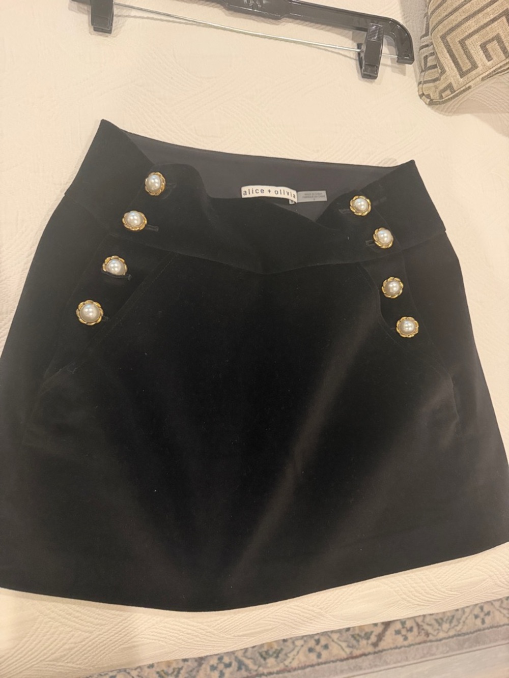 Alice + Olivia Black Velvet Mini Skirt with Pearl-Trim Buttons